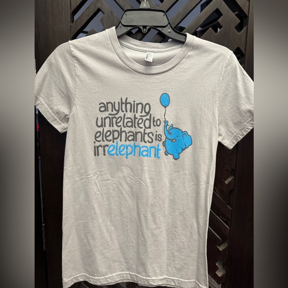 Snorg Tees "anything not related to elephants is irrelephant" tee Women's Lg